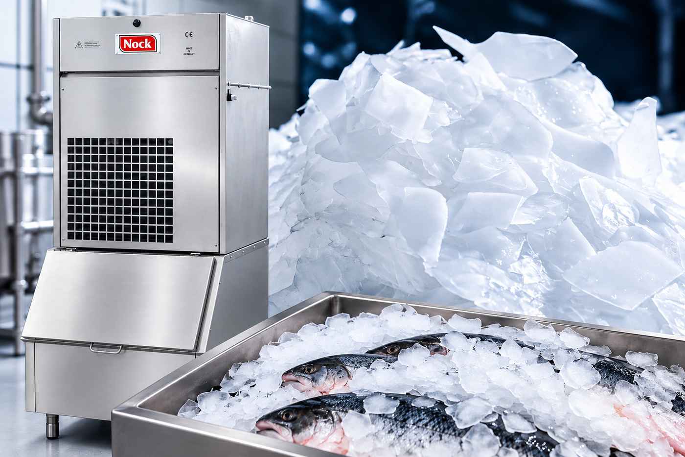 NOCK NSH Eisschuppenmaschine mit Eis und frischem Fisch