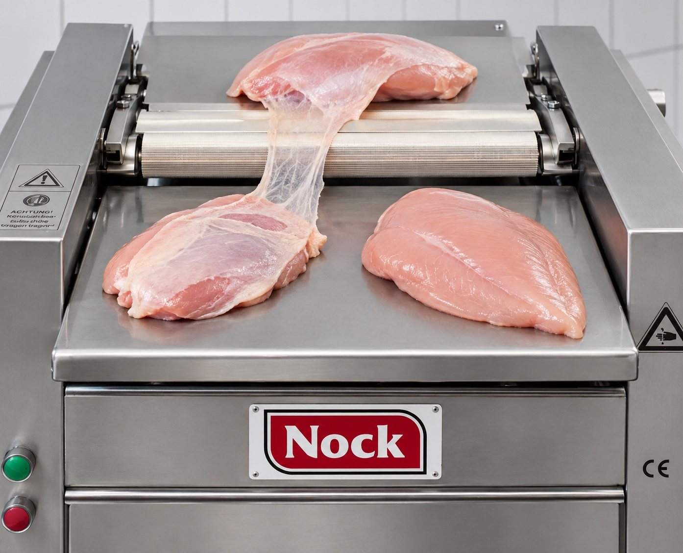 Desveladora NOCK retirando la membrana de una pechuga de pollo