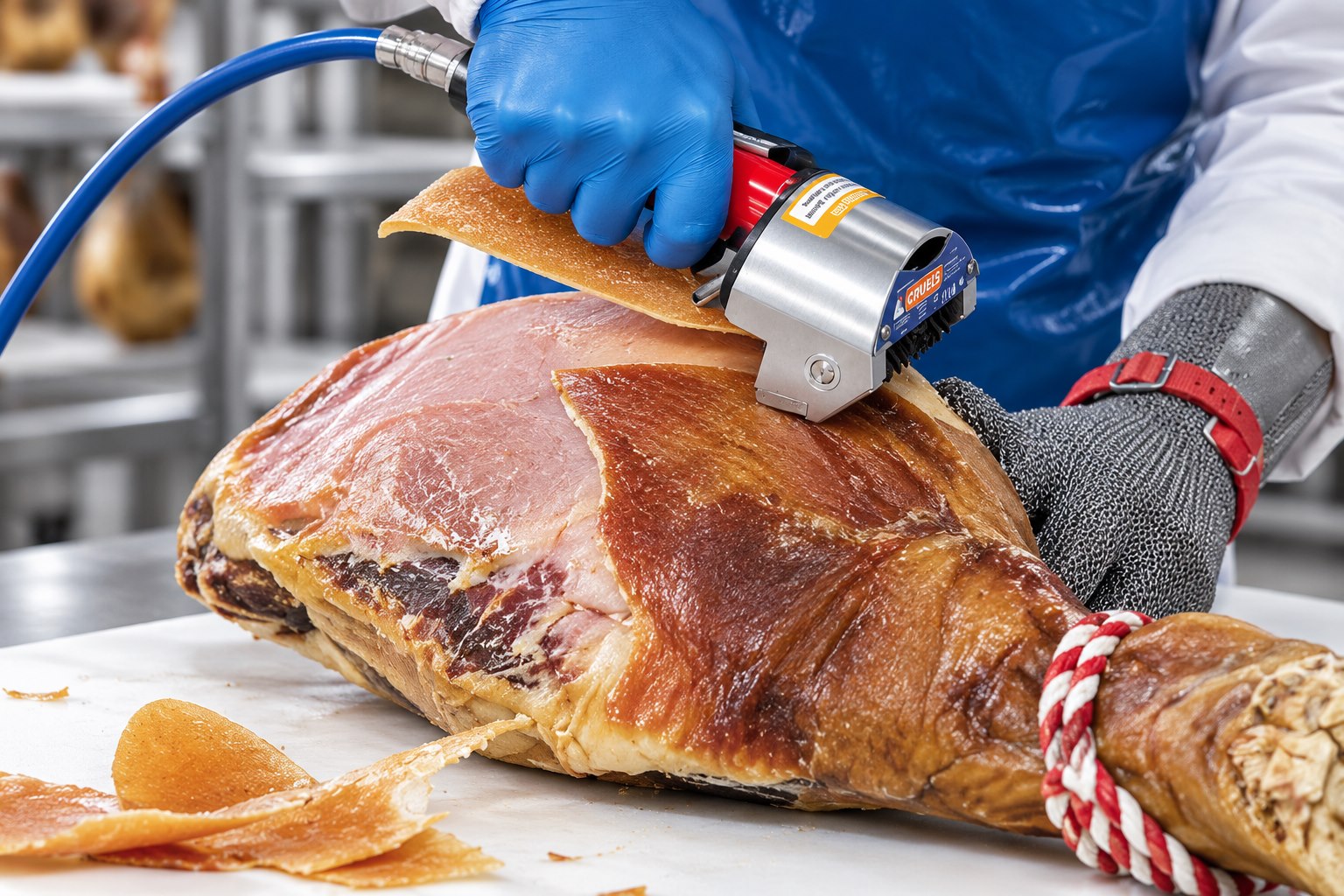 CRUELLS Q-72 Pneumatik-Entschwartungsmaschine für Rohschinken im Einsatz