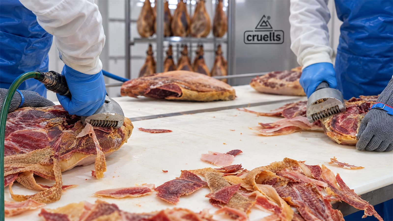 Bediener beim Entschwarten von Rohschinken mit der pneumatischen CRUELLS Q-72 Entschwartungsmaschine